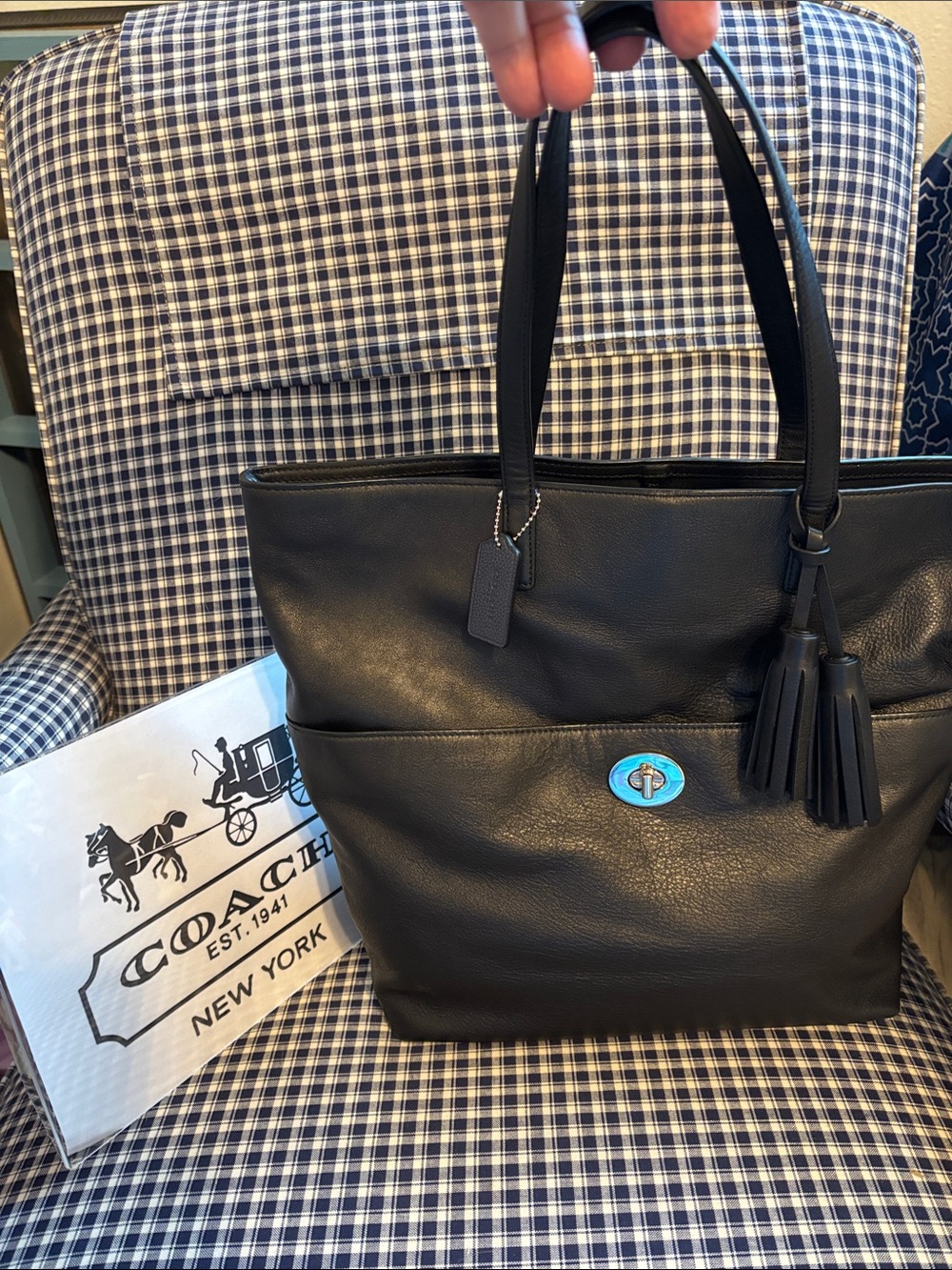 Coach legacy Black Leather turnlock Tote Bag with Tassel